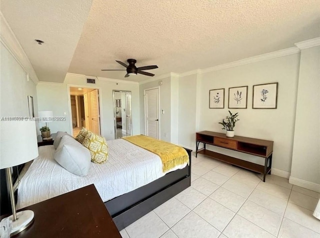 1650 Coral Way Unit 403, Miami, FL 33145 - bedroom with ornamental molding, baseboards, light tile patterned floors, a textured ceiling, and ceiling fan