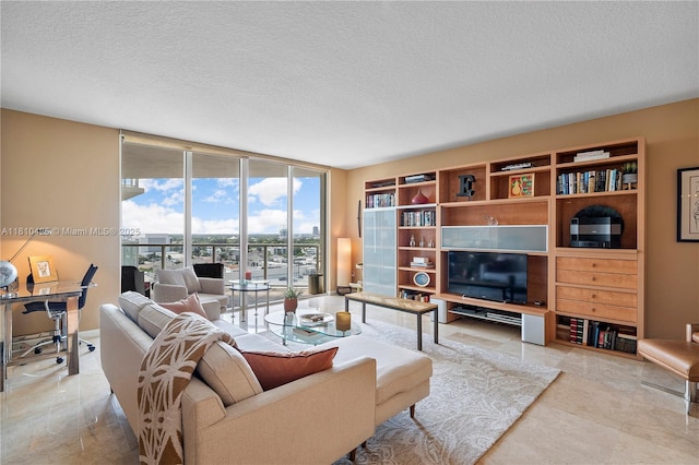 1819 SE 17th St Unit 1501, Fort Lauderdale, FL 33316 - living room with floor to ceiling windows, a textured ceiling, and a desk