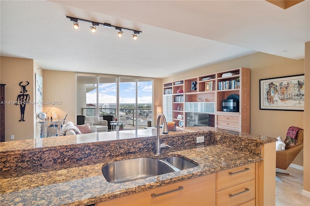 1819 SE 17th St Unit 1501, Fort Lauderdale, FL 33316 - kitchen featuring a sink, open floor plan, light brown cabinetry, dark stone countertops, and baseboards