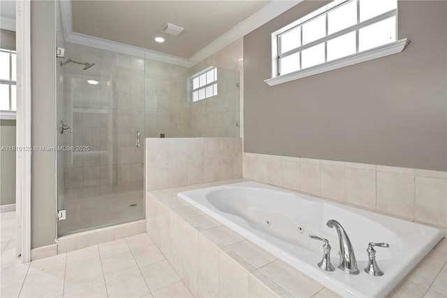 10733 SW 97th Ter, Miami, FL 33176 - bathroom featuring a shower stall, ornamental molding, a tub with jets, and tile patterned floors