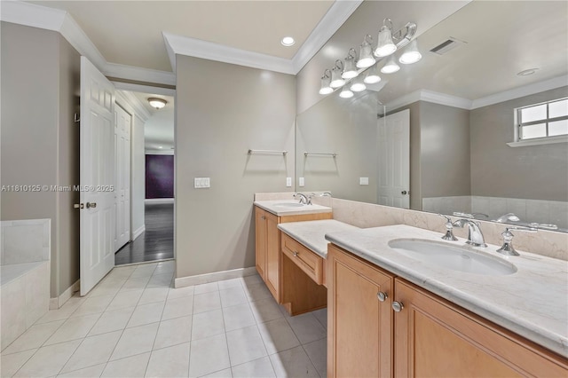 10733 SW 97th Ter, Miami, FL 33176 - full bath with double vanity, tile patterned floors, crown molding, and baseboards