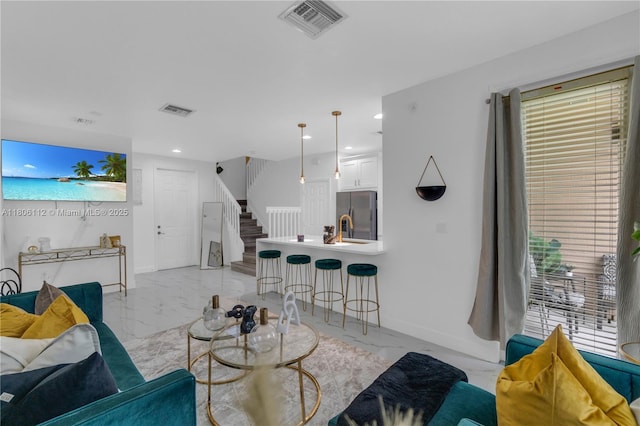 1901 SW 60th Ter, North Lauderdale, FL 33068 - living area featuring light marble finish flooring, stairs, recessed lighting, and baseboards