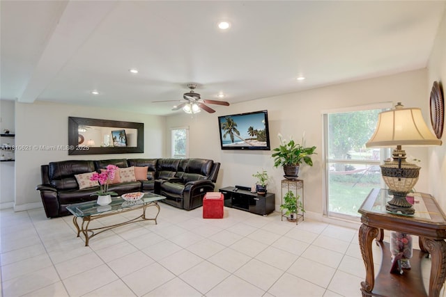 7201 NW 67th St, Tamarac, FL 33321 - living room with recessed lighting, baseboards, a ceiling fan, and light tile patterned floors