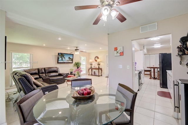 7201 NW 67th St, Tamarac, FL 33321 - dining room featuring ceiling fan, light tile patterned flooring, healthy amount of natural light, wine cooler, and recessed lighting