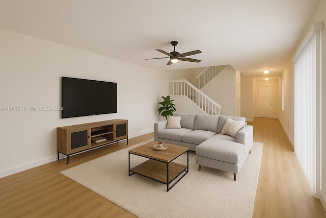 120 Heritage Way, West Palm Beach, FL 33407 - living area featuring light wood-style floors, ceiling fan, stairs, and baseboards