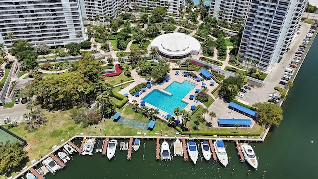 500 Three Islands Blvd Unit 1112, Hallandale Beach, FL 33009 - aerial overview of property's location with a pool, nearby urban area, a large body of water, and apartment complex / building