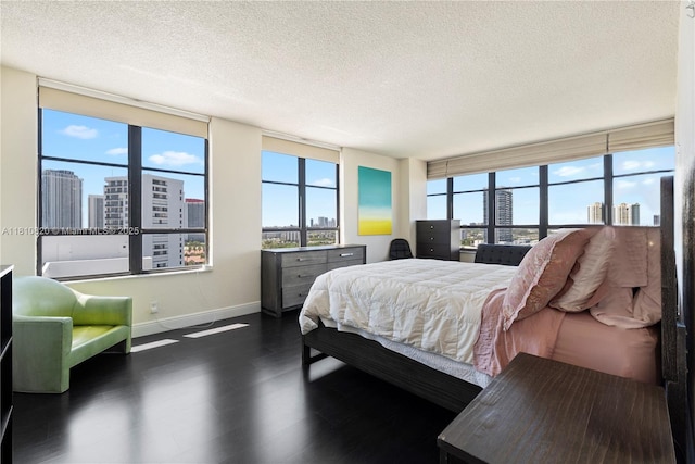 500 Three Islands Blvd Unit 1112, Hallandale Beach, FL 33009 - bedroom featuring a view of city, a textured ceiling, baseboards, and dark wood-style flooring