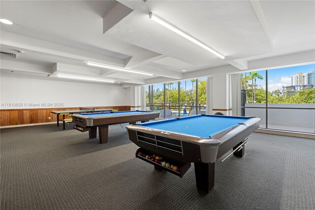 500 Three Islands Blvd Unit 1112, Hallandale Beach, FL 33009 - recreation room with billiards, carpet, a wainscoted wall, beamed ceiling, and recessed lighting