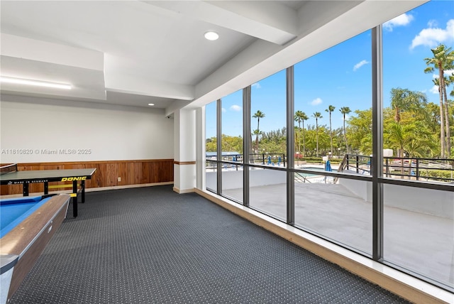 500 Three Islands Blvd Unit 1112, Hallandale Beach, FL 33009 - playroom with dark carpet, wood walls, a wainscoted wall, and recessed lighting