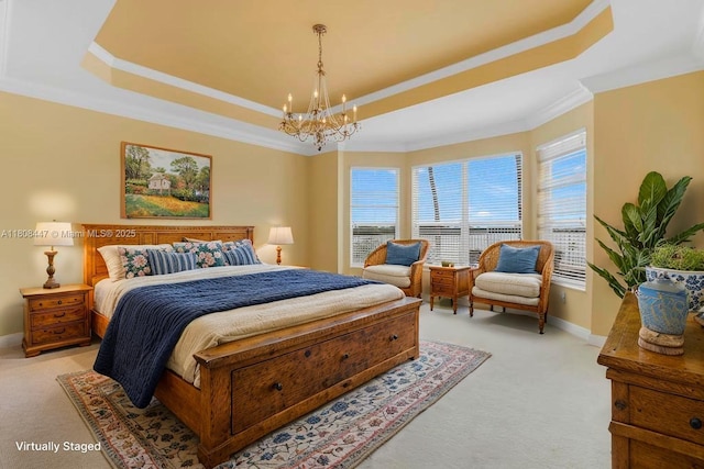 4506 SW 186th Way, Miramar, FL 33029 - bedroom featuring a raised ceiling, light carpet, a chandelier, multiple windows, and crown molding