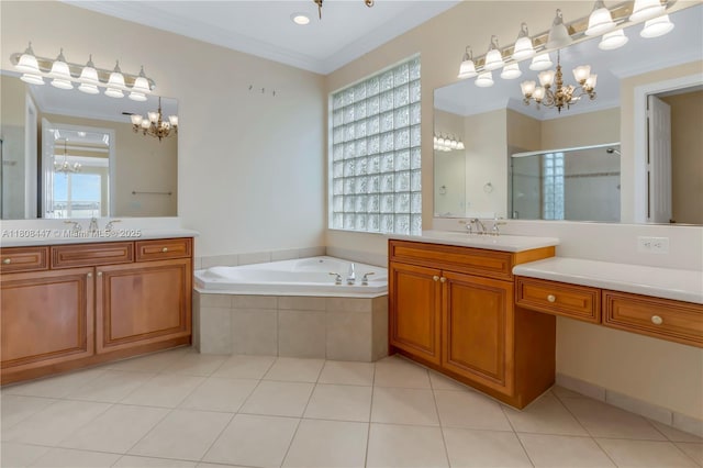 4506 SW 186th Way, Miramar, FL 33029 - full bathroom with a chandelier, two vanities, a stall shower, ornamental molding, and a bath