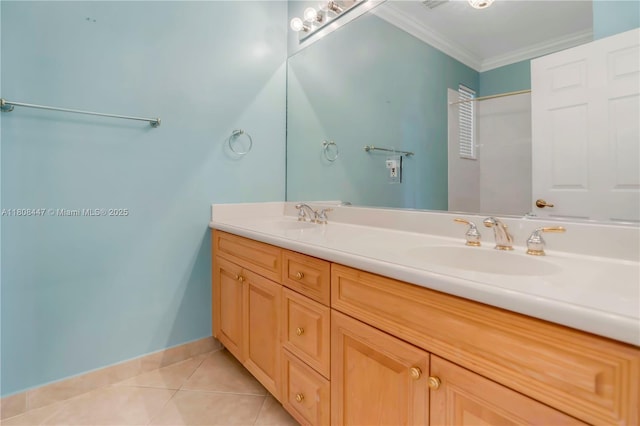 4506 SW 186th Way, Miramar, FL 33029 - bathroom with double vanity, crown molding, tile patterned floors, and baseboards