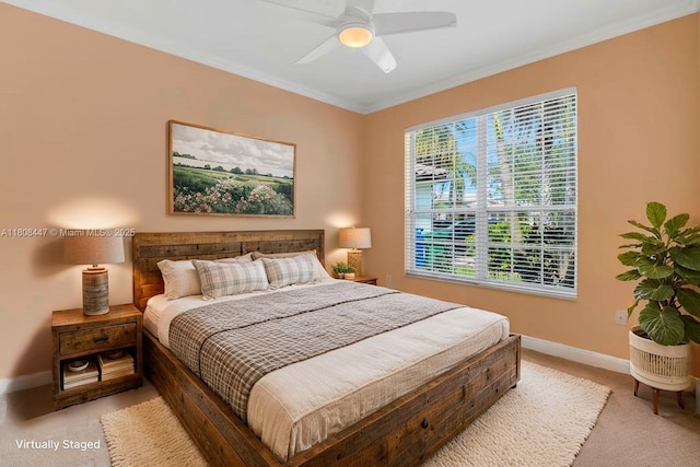 4506 SW 186th Way, Miramar, FL 33029 - bedroom featuring light colored carpet, baseboards, ornamental molding, and ceiling fan
