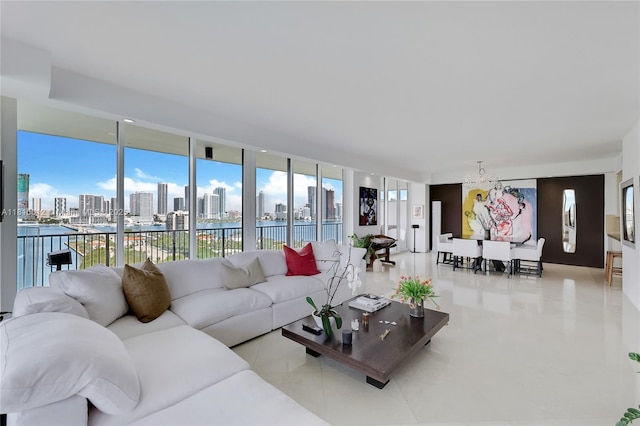 1000 Venetian Way Unit 1304, Miami, FL 33139 - living area with a skyline view, a chandelier, and healthy amount of natural light