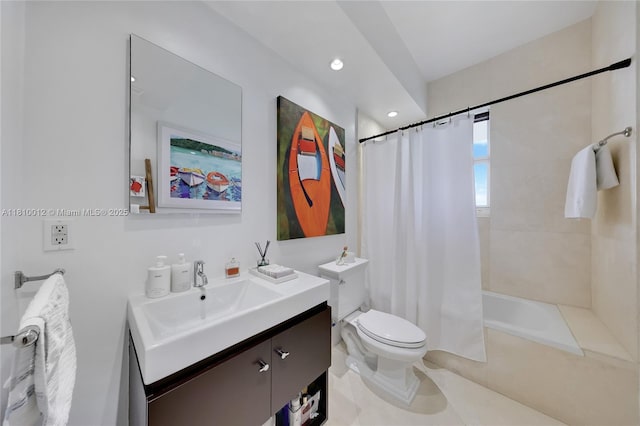 1000 Venetian Way Unit 1304, Miami, FL 33139 - full bathroom featuring vanity, shower / bath combo, toilet, tile patterned flooring, and recessed lighting