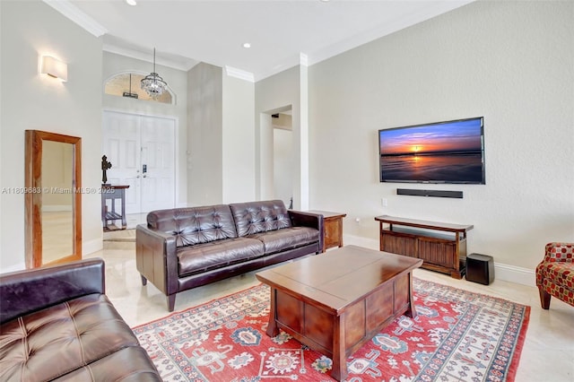 15122 SW 34th St, Davie, FL 33331 - living room with crown molding, baseboards, tile patterned flooring, and recessed lighting