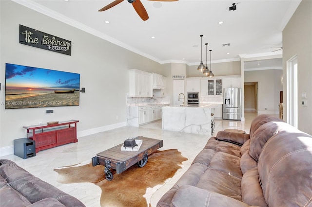 15122 SW 34th St, Davie, FL 33331 - living room with ceiling fan, recessed lighting, baseboards, and ornamental molding
