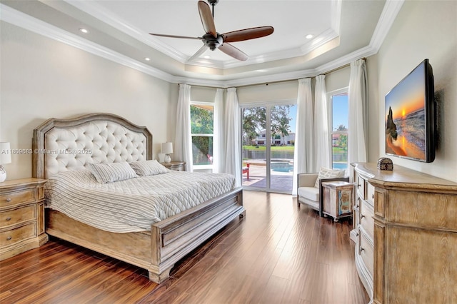 15122 SW 34th St, Davie, FL 33331 - bedroom with access to exterior, a raised ceiling, ornamental molding, dark wood-style floors, and ceiling fan