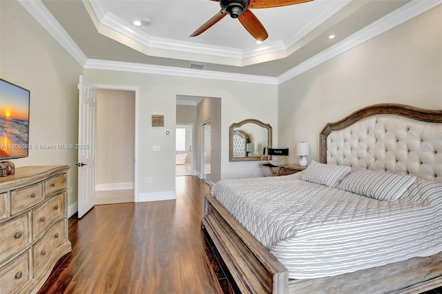 15122 SW 34th St, Davie, FL 33331 - bedroom featuring a raised ceiling, dark wood finished floors, crown molding, baseboards, and ceiling fan