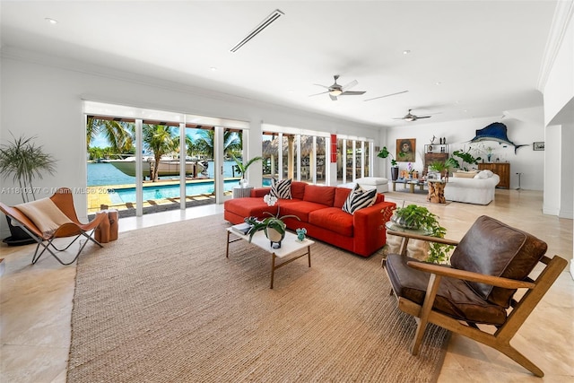 425 N Shore Dr, Miami Beach, FL 33141 - living room with a ceiling fan and ornamental molding