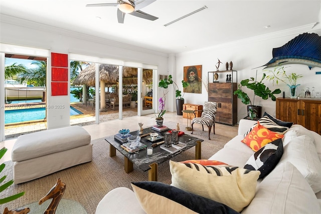 425 N Shore Dr, Miami Beach, FL 33141 - living room featuring ornamental molding and ceiling fan