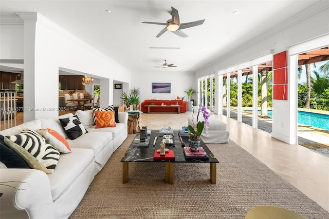 425 N Shore Dr, Miami Beach, FL 33141 - living area featuring ornamental molding, ceiling fan, recessed lighting, and a chandelier