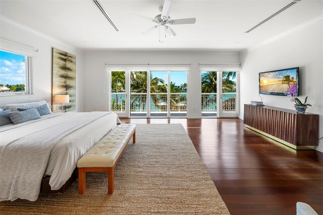 425 N Shore Dr, Miami Beach, FL 33141 - bedroom featuring access to exterior, multiple windows, ornamental molding, wood finished floors, and a ceiling fan