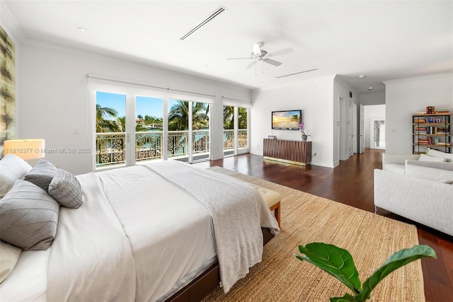425 N Shore Dr, Miami Beach, FL 33141 - bedroom with dark wood finished floors, access to exterior, ornamental molding, baseboards, and ceiling fan