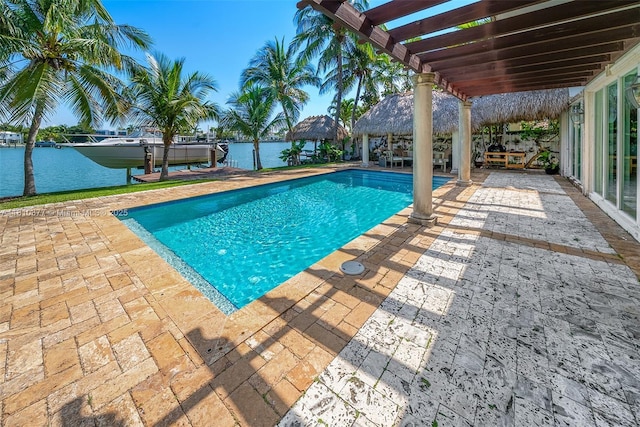 425 N Shore Dr, Miami Beach, FL 33141 - swimming pool featuring a patio, a gazebo, and a water view