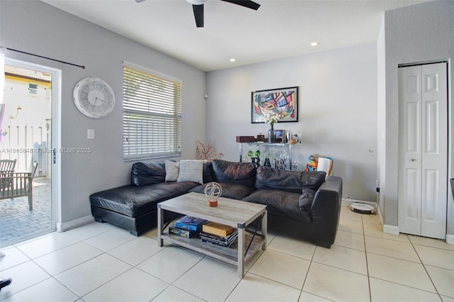 9051 SW 227th St Unit 2, Cutler Bay, FL 33190 - living area featuring a ceiling fan, light tile patterned flooring, baseboards, and recessed lighting