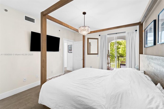 3245 NE 184th St Unit 13402, Aventura, FL 33160 - bedroom featuring access to exterior, baseboards, a chandelier, and wood finished floors