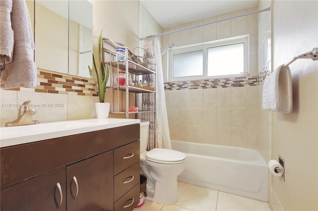 5723 NW 69th Ave, Tamarac, FL 33321 - full bath with vanity, shower / bathtub combination with curtain, tile patterned flooring, toilet, and tile walls
