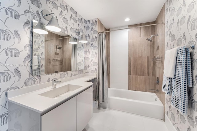 3301 NE 1st Ave Unit Ph7, Miami, FL 33137 - full bath featuring wallpapered walls, shower / bath combo with shower curtain, vanity, and tile patterned flooring
