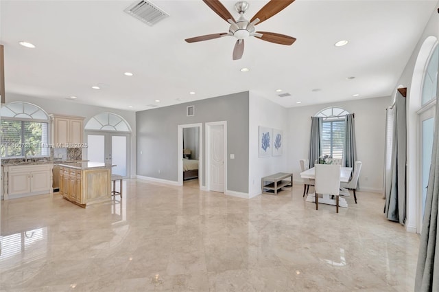 4610 SW 178th Ave, Southwest Ranches, FL 33331 - kitchen with a sink, light marble finish flooring, recessed lighting, open floor plan, and a ceiling fan