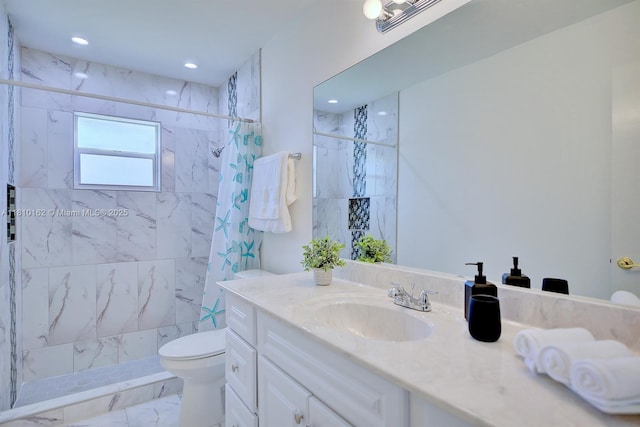 100 Honeysuckle Ln, Lake Placid, FL 33852 - full bath with vanity, toilet, tiled shower, marble look tiles, and recessed lighting