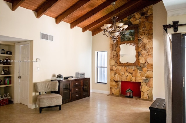 13284 SW 108th St Cir, Miami, FL 33186 - living area featuring wooden ceiling with exposed beams, high vaulted ceiling, tile patterned floors, a chandelier, and a stone fireplace