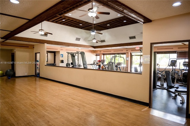 13284 SW 108th St Cir, Miami, FL 33186 - exercise room featuring ceiling fan, beamed ceiling, wood finished floors, baseboards, and recessed lighting