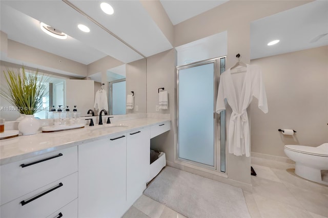 14951 Royal Oaks Ln Unit 901, North Miami, FL 33181 - full bathroom with a shower stall, vanity, toilet, baseboards, and tile patterned floors