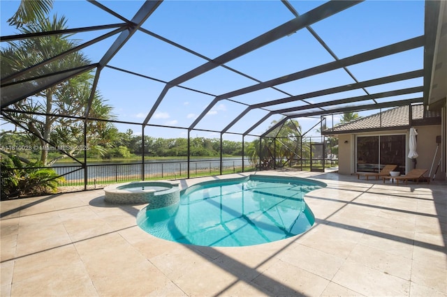 146 Dockside Cir, Weston, FL 33327 - view of swimming pool featuring a patio, a pool with connected hot tub, a water view, and glass enclosure