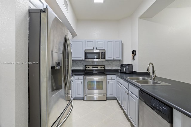 3340 Palomino Dr Unit 214-2, Davie, FL 33024 - kitchen featuring stainless steel appliances, a sink, dark countertops, backsplash, and light tile patterned floors