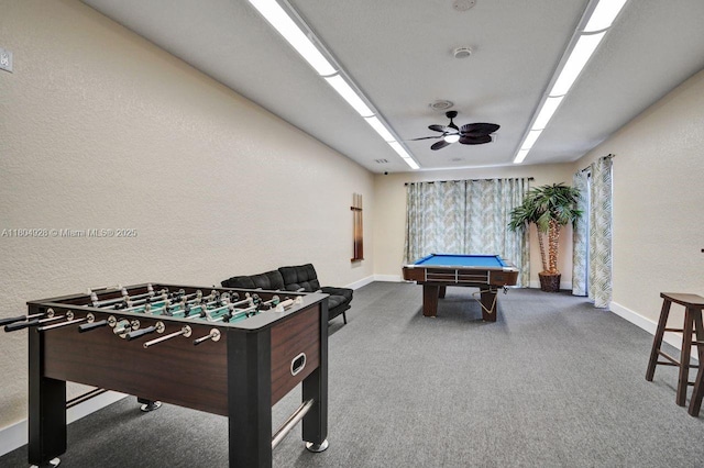 14671 Bonaire Blvd Unit 510, Delray Beach, FL 33446 - playroom featuring billiards, a ceiling fan, carpet floors, baseboards, and a textured wall