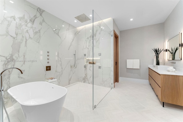 11001 SW 65th Ave, Pinecrest, FL 33156 - bathroom with a marble finish shower, vanity, a soaking tub, and recessed lighting