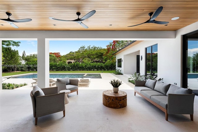 11001 SW 65th Ave, Pinecrest, FL 33156 - view of patio / terrace with ceiling fan, an outdoor hangout area, and an outdoor pool