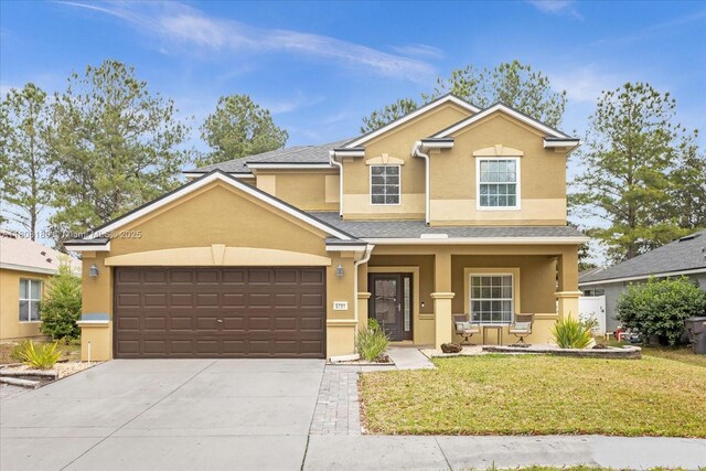 5781 SW 39th St, Ocala, FL 34474 - view of front of house featuring stucco siding, a front yard, a porch, a garage, and driveway