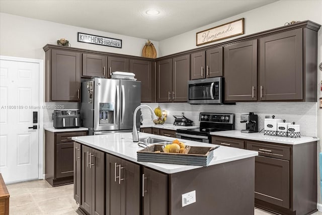 5781 SW 39th St, Ocala, FL 34474 - kitchen with stainless steel appliances, backsplash, light countertops, dark brown cabinetry, and a sink