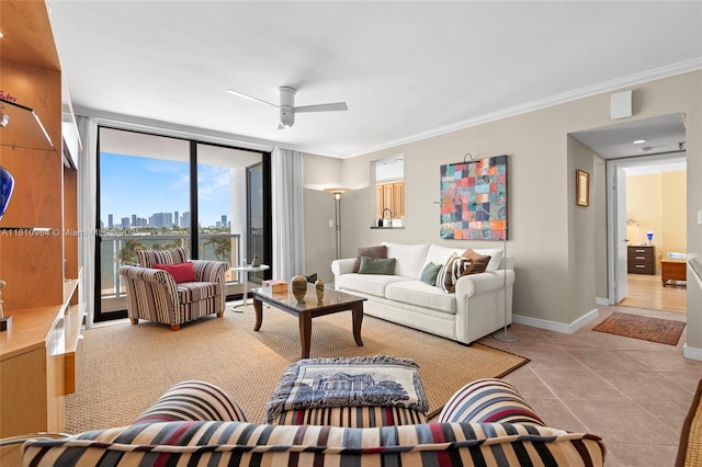 9 Island Ave Unit 505, Miami Beach, FL 33139 - living area with light tile patterned floors, a ceiling fan, ornamental molding, and a view of skyline