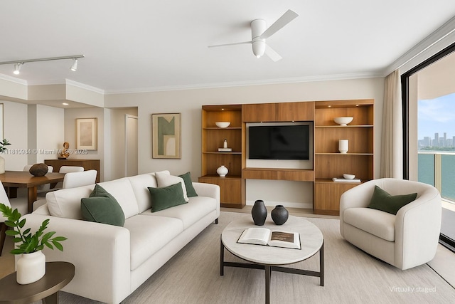 9 Island Ave Unit 505, Miami Beach, FL 33139 - living area with ornamental molding, rail lighting, and ceiling fan