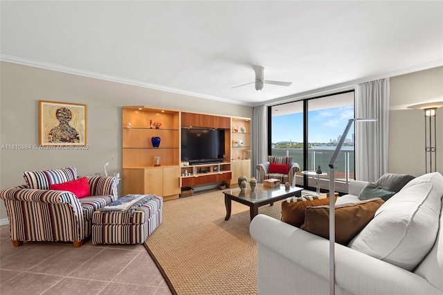 9 Island Ave Unit 505, Miami Beach, FL 33139 - living area with ceiling fan, ornamental molding, tile patterned floors, and floor to ceiling windows