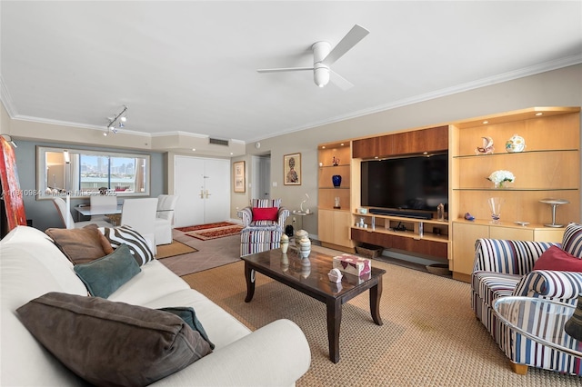 9 Island Ave Unit 505, Miami Beach, FL 33139 - living room with crown molding and ceiling fan