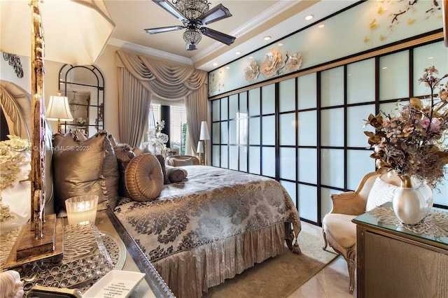 1805 Ponce De Leon Blvd Unit 1200, Coral Gables, FL 33134 - bedroom with crown molding, tile patterned floors, recessed lighting, and ceiling fan